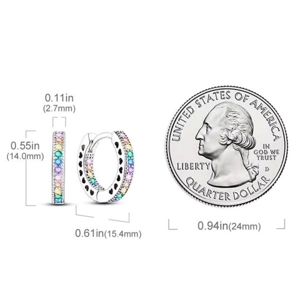 Rainbow Huggie Hoop Earrings Silver Tone Colorful Heart‎ Cutout Jewelry - Picture 4 of 4